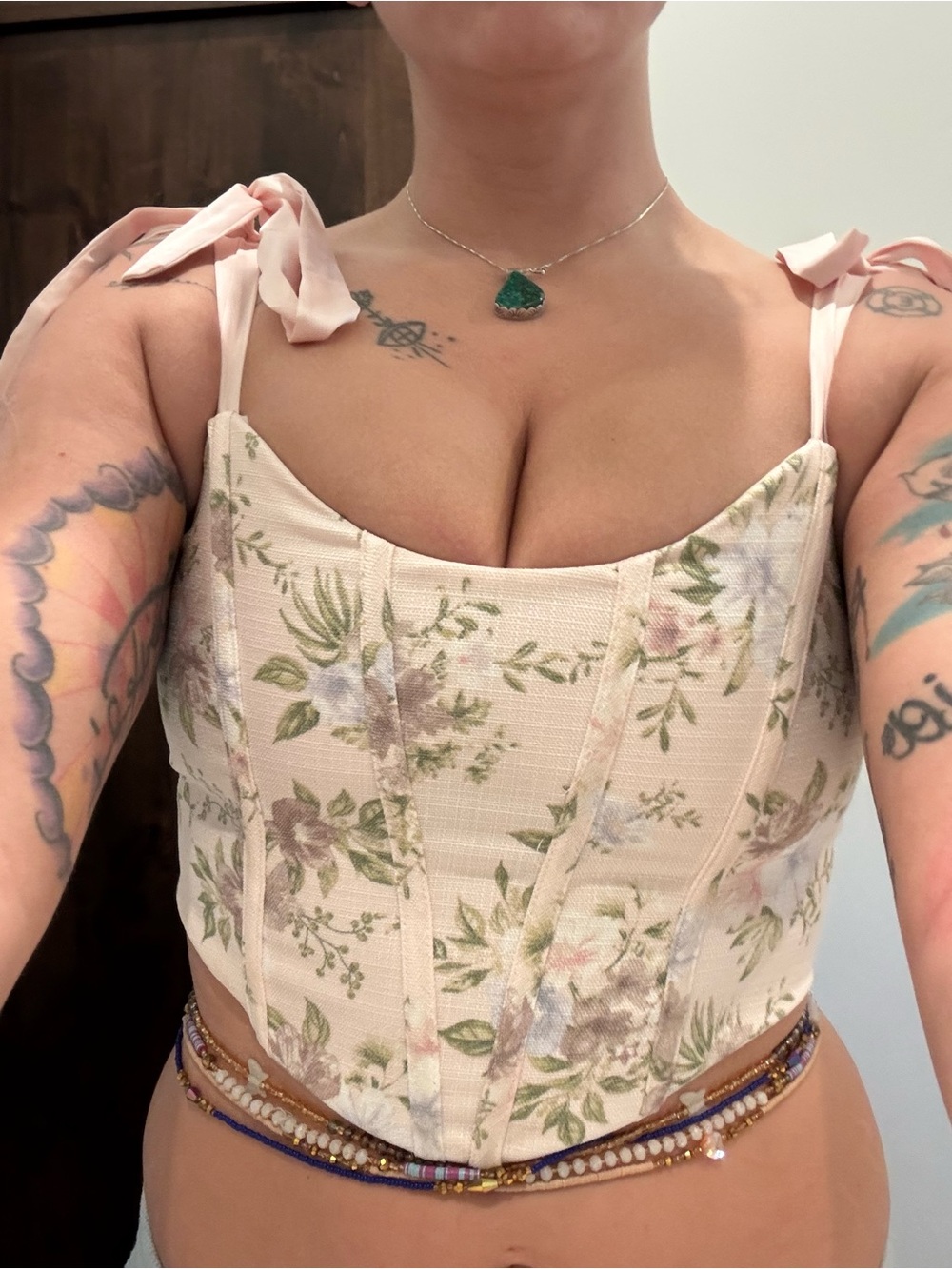 MINE: Pastel Floral Tie-Shoulder Corset, Light Pink